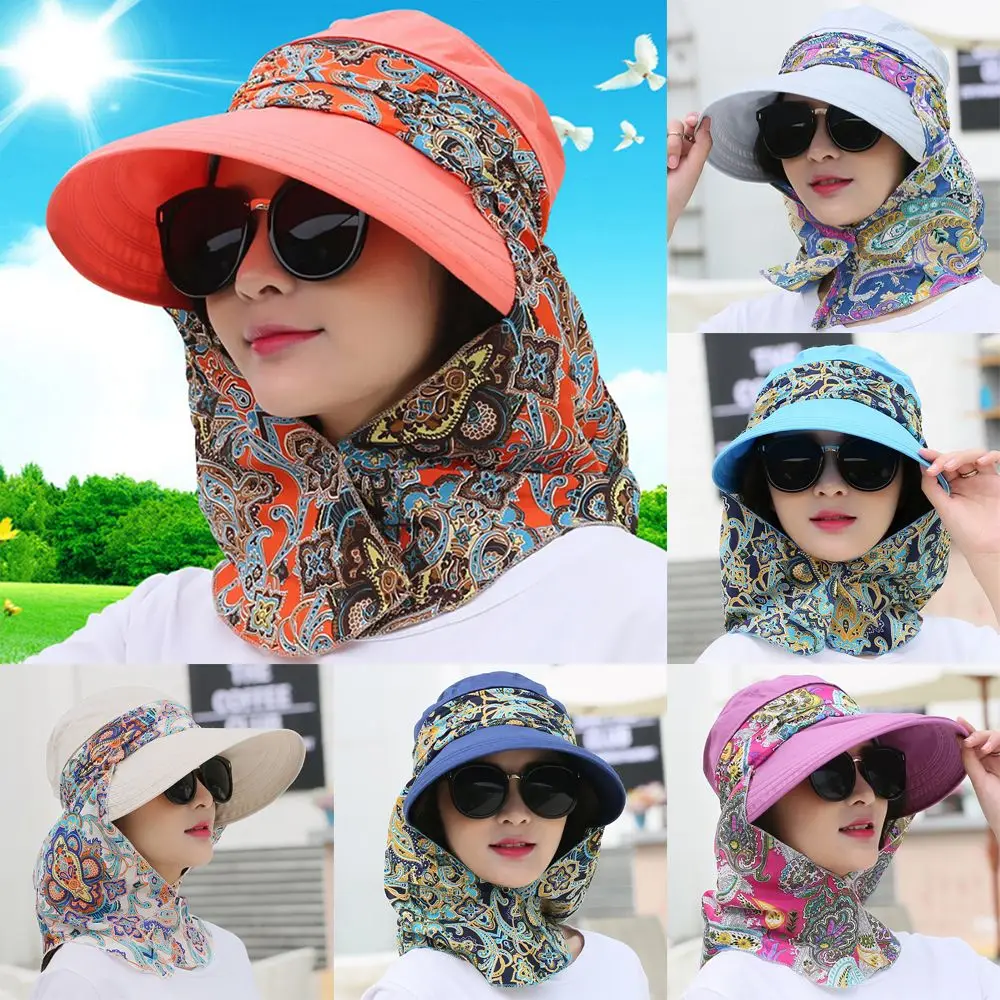 

Fashion Women Summer Outdoor Riding Anti-UV Sun Hat Beach Foldable Sunscreen Floral Print Caps Neck Face Wide Brim Hat