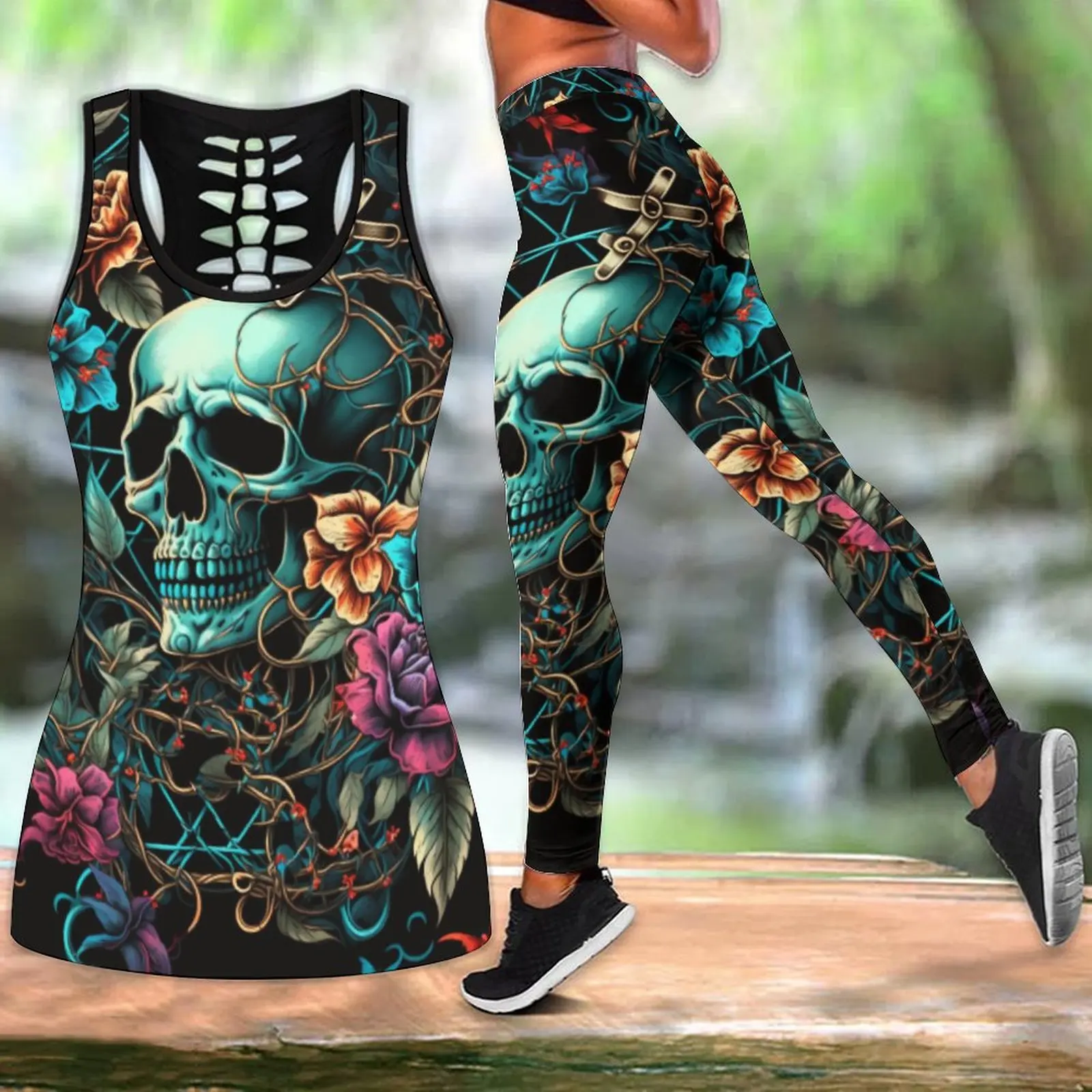 

Summer Fashion Sport Yoga Suit Flower SkullPrint Tank Top LeggingsXS-8XL