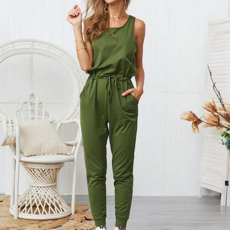 Fashion Drawstring Sleeveless Casual Jumpsuits Women Simple Solid Colors Homewear Plus Size Loose All-Match Elegant Playsuits