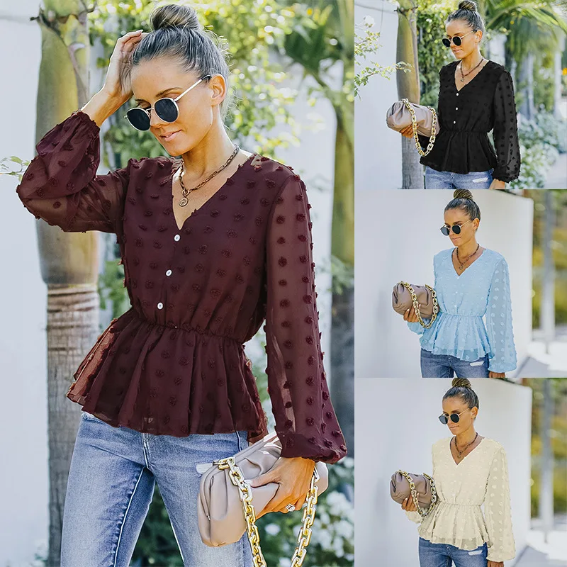 

Elegant Blouse Long Sleeve Shirt V Neck Vacation Office Ladies Top Casual Single-Breasted Puff Sleeve Womens Blouses