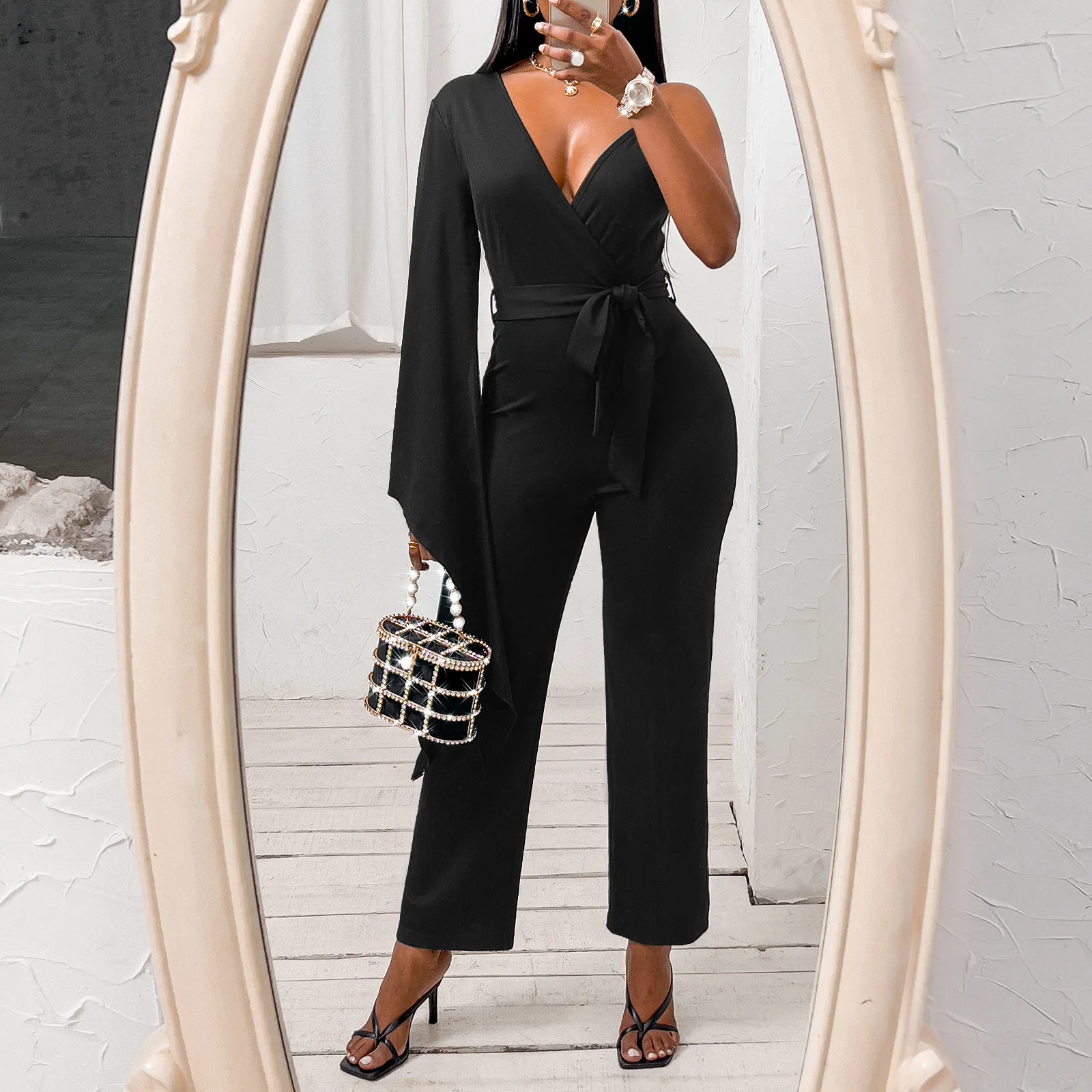 

Echoine One Shoulder Irregular V-neck Jumpsuit Slim Sexy Rompers with Belt Elegant Slim OL Office Lady Jumpsuit Summer Overalls
