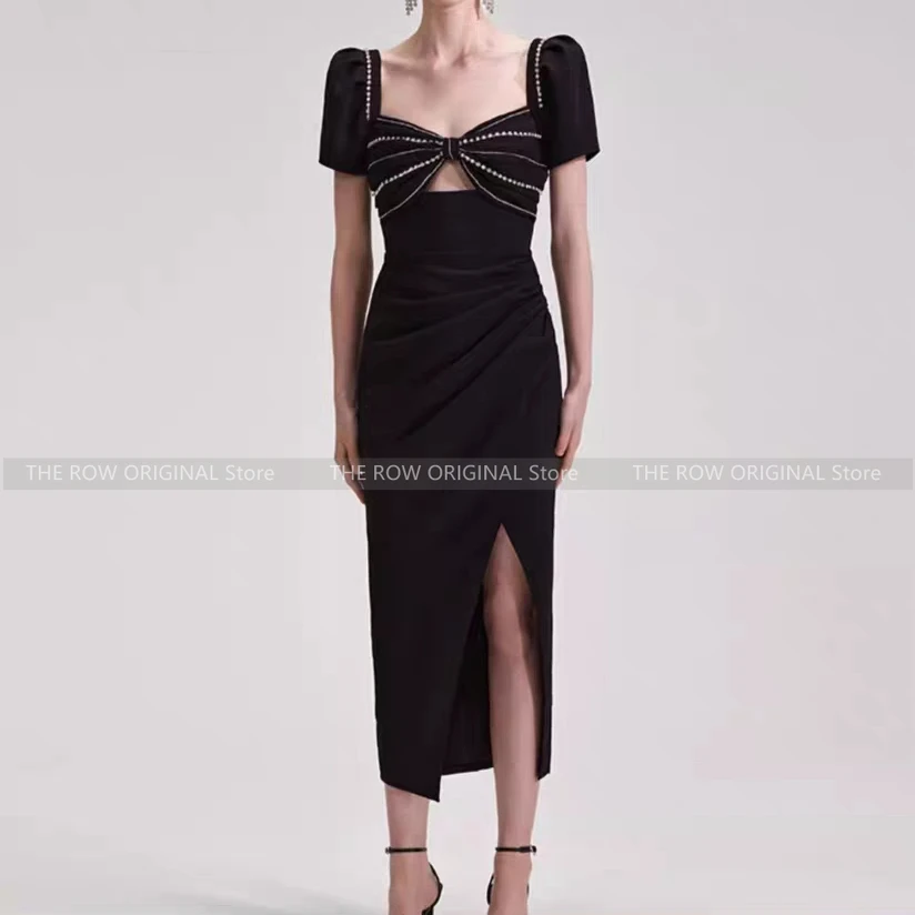 

Платье женское Плиссированное с квадратным вырезом, элегантное церемониальное маленький сарафан с разрезом на бедрах, с бриллиантами, черное, 23 года