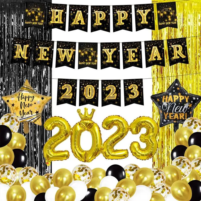 

2023 Happy New Year Decorations Set Linking Gold Black 2023 Balloons Backdrop For New Year Party Supplies 2023 New Year Party