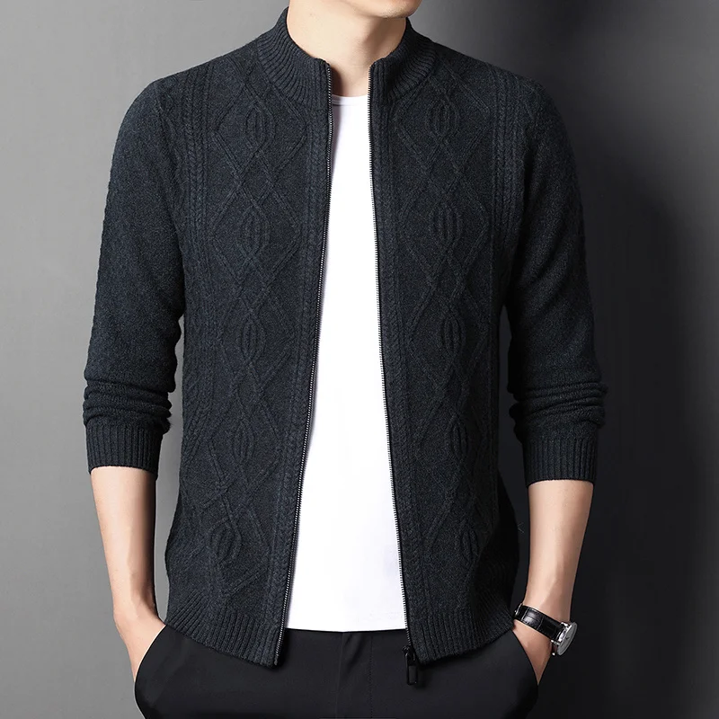 sweater men's Jacquard Cashmere 100% pure wool knitted cardigan autumn winter stand collar thickened solid color knitted coat