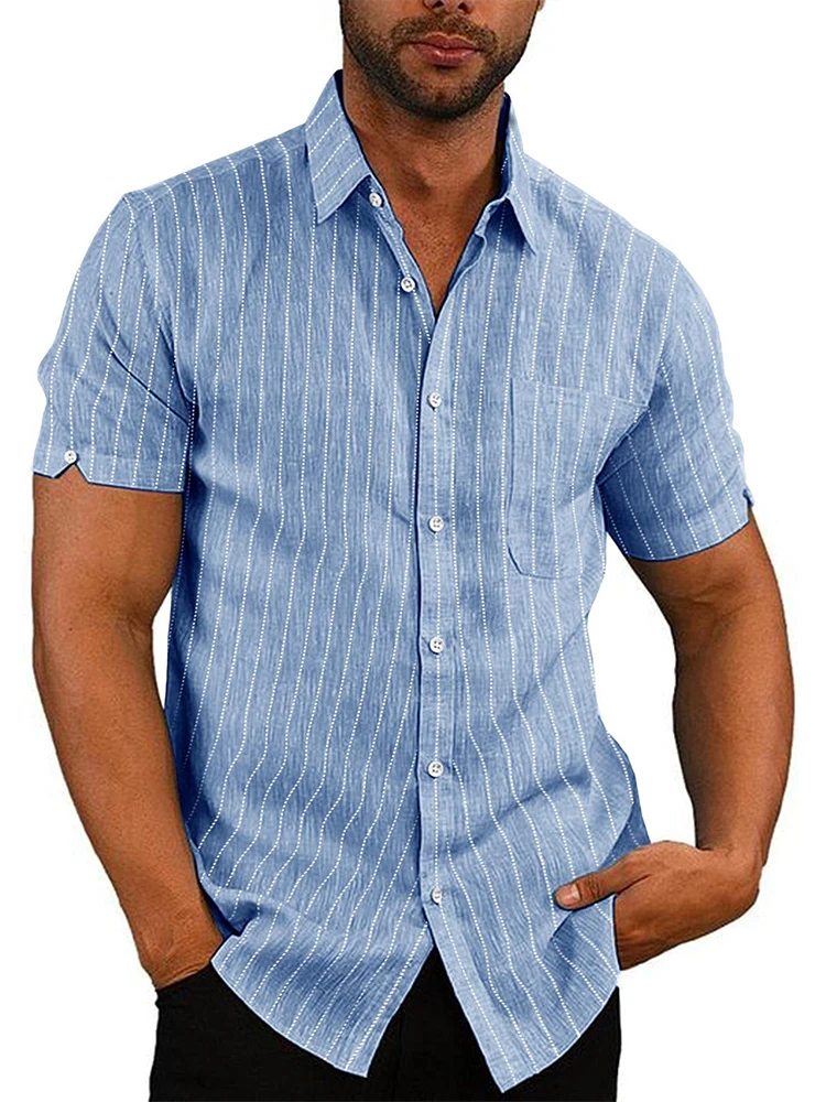 

Summer New Striped Shirts 2022 Slim Fit Short Sleeve T-shirts Mens Turn Down Buttoned Lapel Mens Tops All Match Streetwear Polos