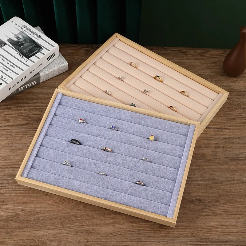 Wholesale Natural Bamboo Ring Display Tray Colorful Velvet Ring Tray Organizer for Jewelry Store Stackable Jewellery Storage