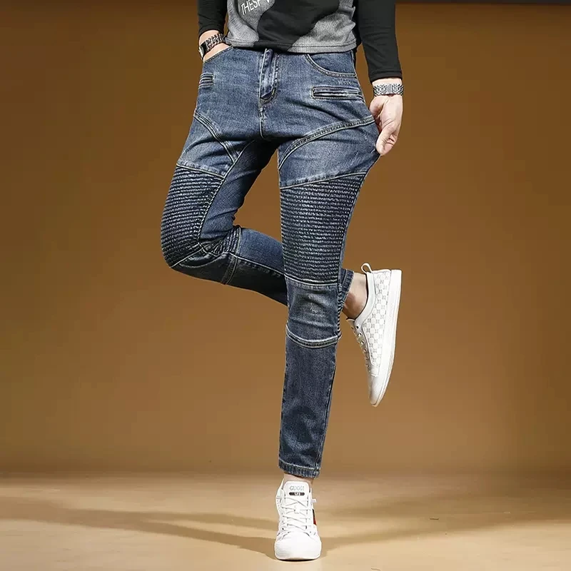 Autumn Blue Patchwork Jeans Men Streetwear Biker Slim Fit Pencil Pants Fashion Casual Stretch Denim Trousers