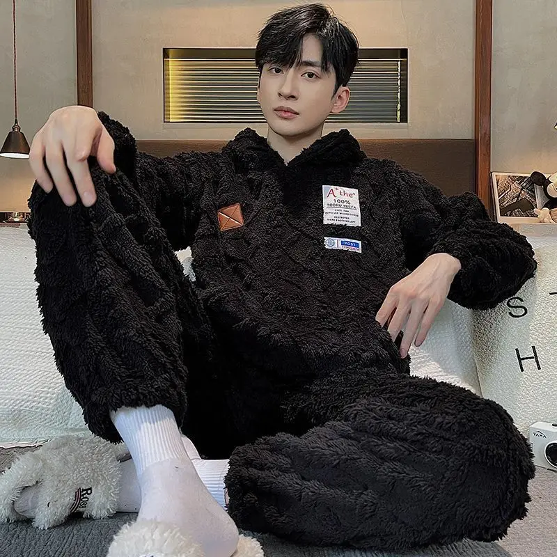 Men's Pajama Suit 2022 Winter Fashion High-end Hooded Warm Flannel Sleepwear Homewear Male Loose Pijamas Trousers Two-piece Set