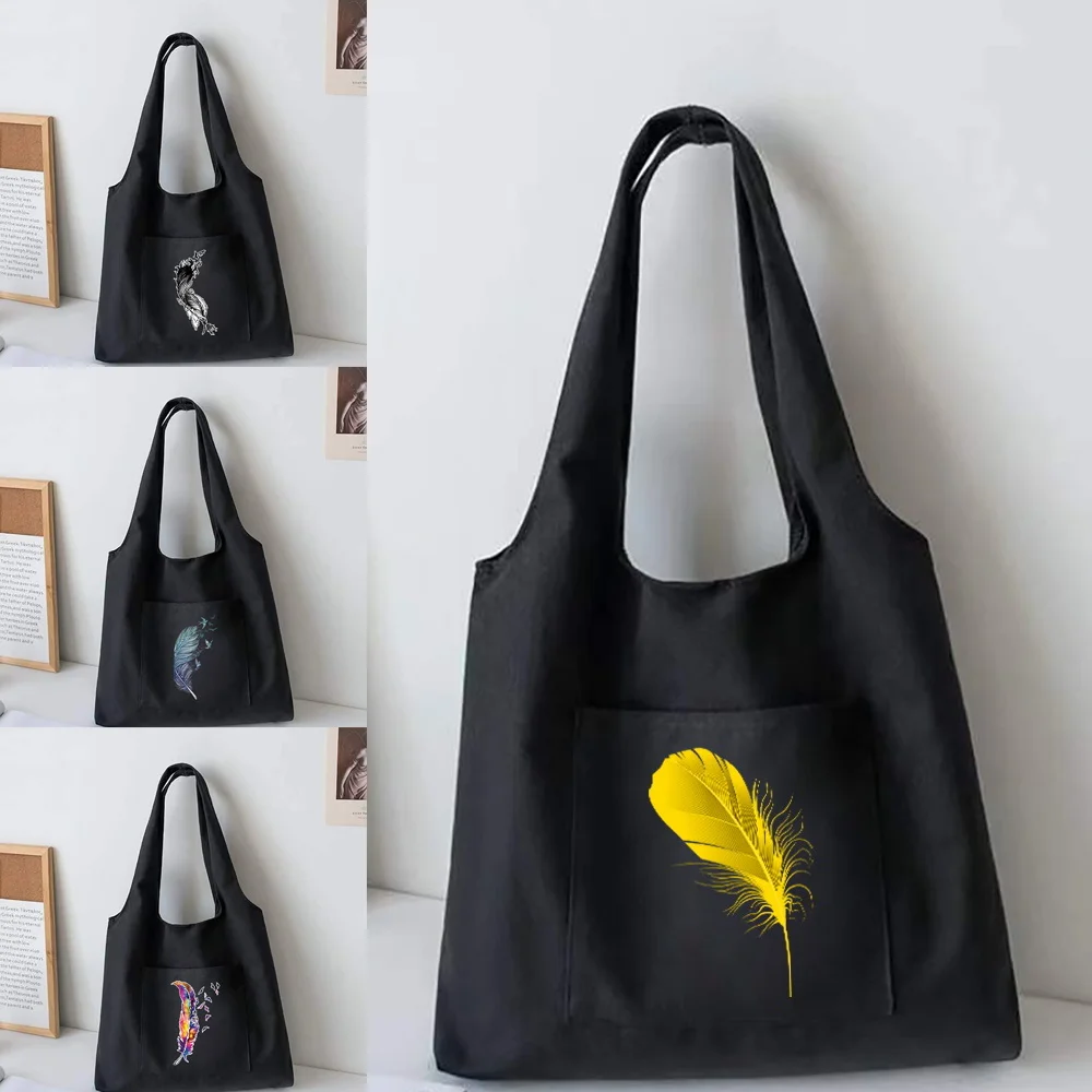 

Women's Canvas Vest Shoulder Bag Feather Print Tote Bag Student Handbags Large Capacity Shopping Bag Ladies Reusable Shopper Bag
