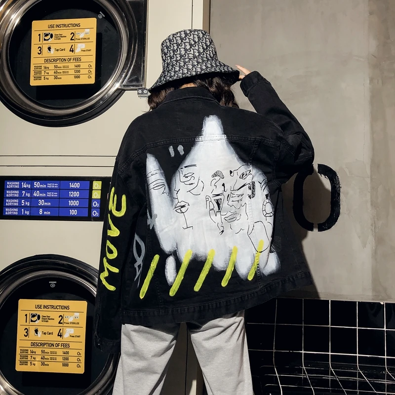 

Women's spring and autumn new hot selling face abstract graffiti wild bf dark cool jacket denim lapel jacket