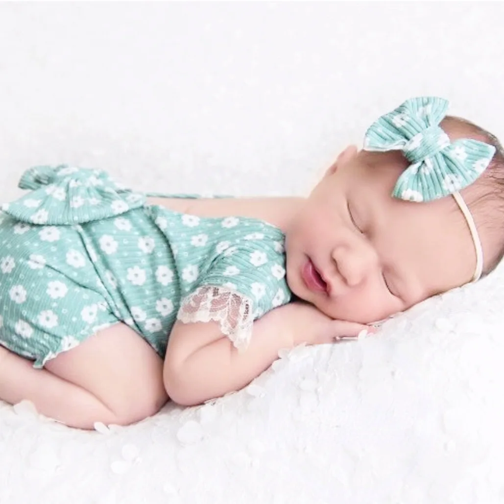 Dvotinst Newborn Baby Girl Photography Props Floral Outfits Bodysuit Headband 2pcs Fotografia Studio Shooting Photo Props 0-1M