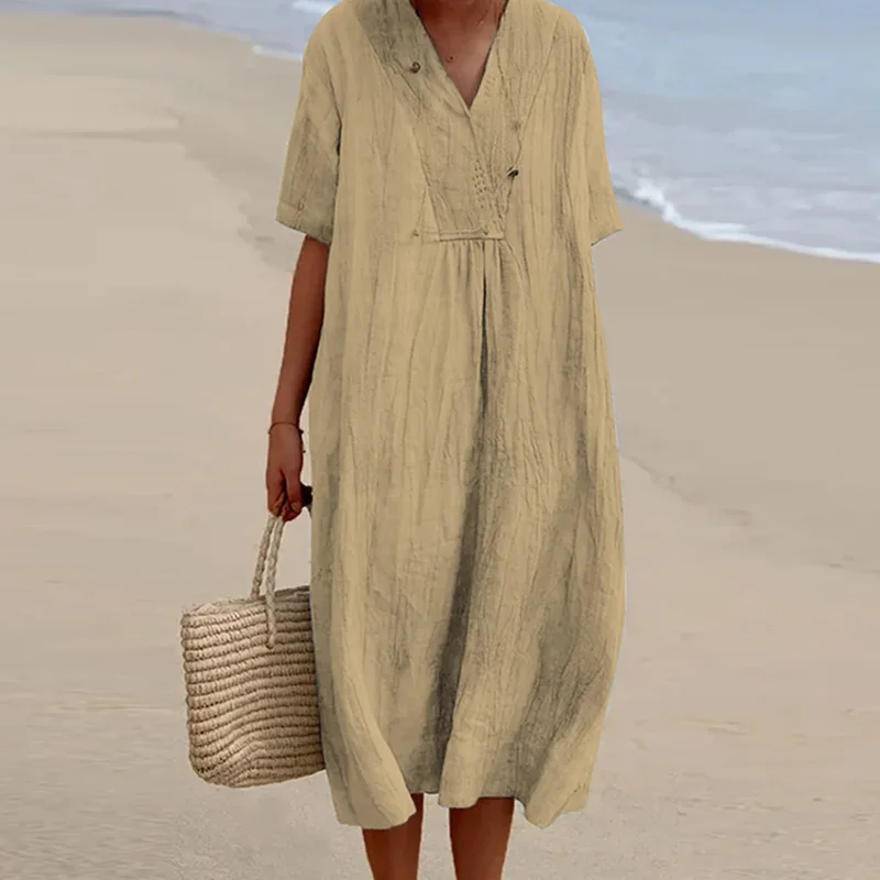 

Длинное платье с V-образным вырезом, повседневное однотонное хлопковое льняное платье, винтажное женское свободное пляжное платье с коротким рукавом, элегантное женское платье 2023