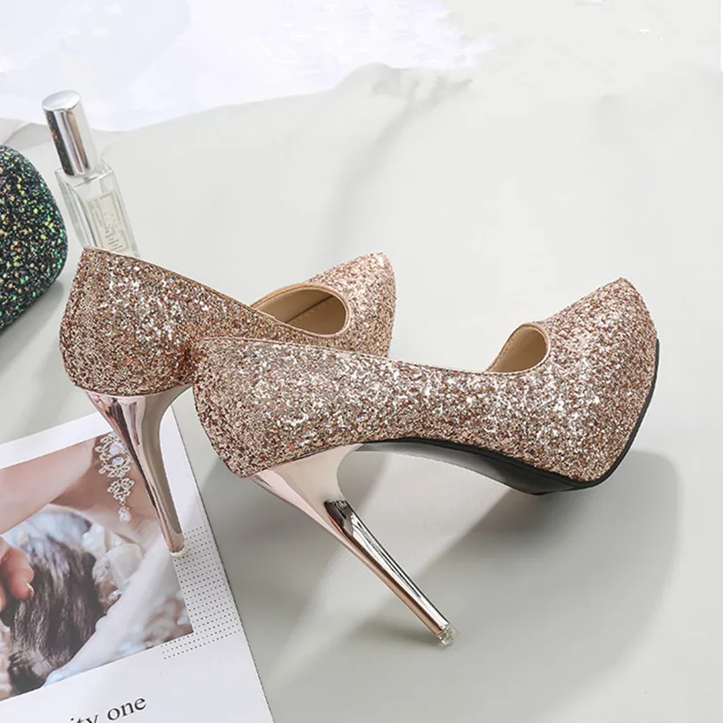 

New Thin High Heels Sexy Sequin Shallow Shoes for Women Spring Autumn Blingbling Platform Ladies Party Dress Pumps Tacones Mujer