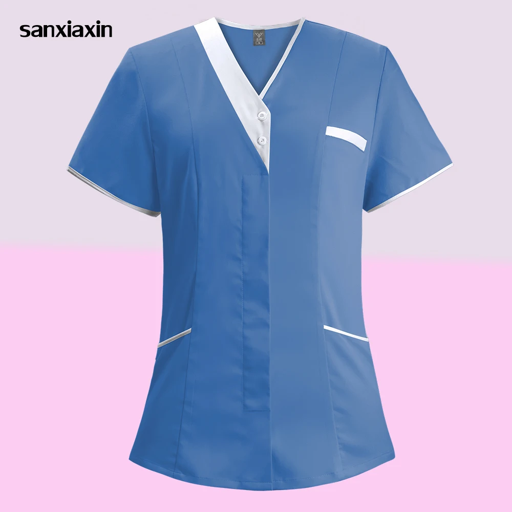 

Hospital Nursing T-shirt Women's Solid Color Dental Health Service Nurse Scrub Top With Pocket Surgical Medical Working Clothes