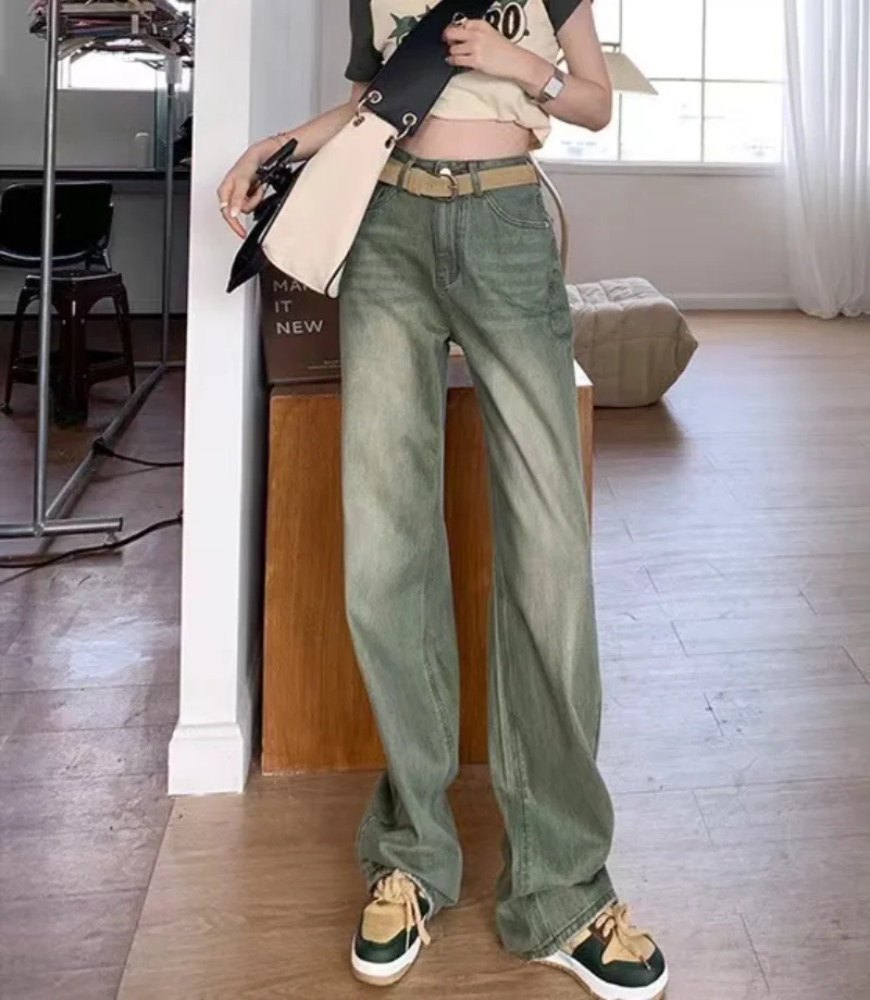 American-Style Retro Green Wide-Leg Jeans Women's Spring High Waist Loose and Slimming Straight Tall Lengthened Mop Pants