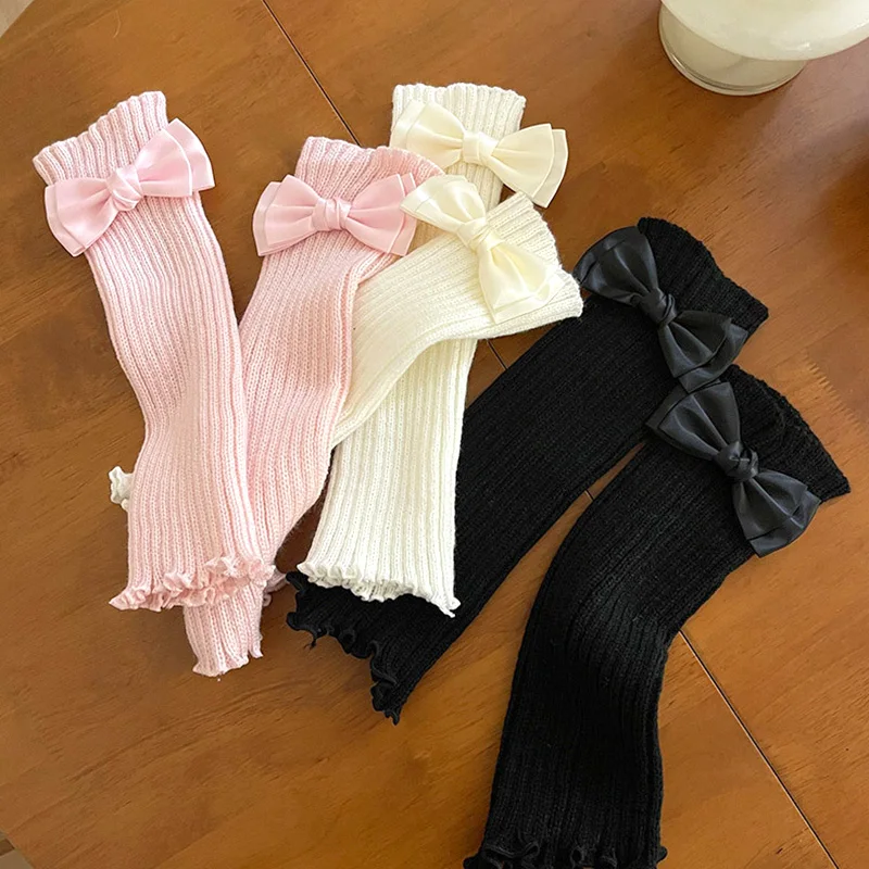 

Women Solid Color Arm Sleeves Long Glove Knitted Fingerless Bow Tie Arm Warmer Gothic Keep Warm Skin Friendly Gloves