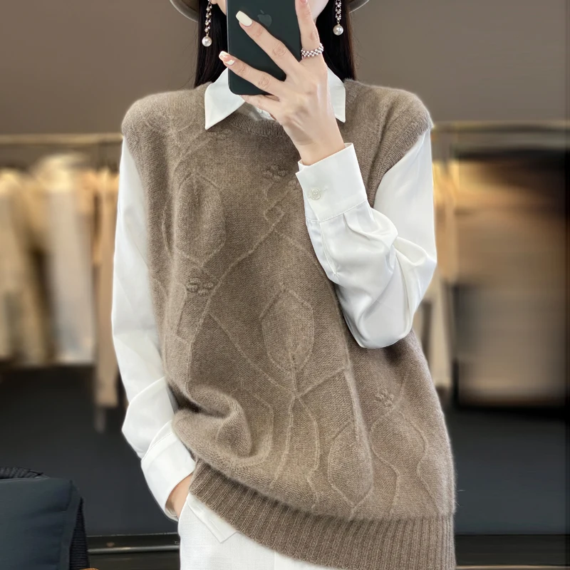 Осень-зима 2024 новинка женский свитер из 100% мериносовой шерсти без рукавов