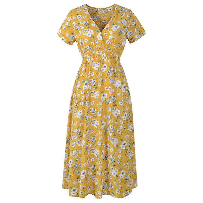 

Elegant Floral Print Women Summer Dress Casual V Neck Short Sleeve Chiffon A Line Vintage Party Midi Sundress Vestidos