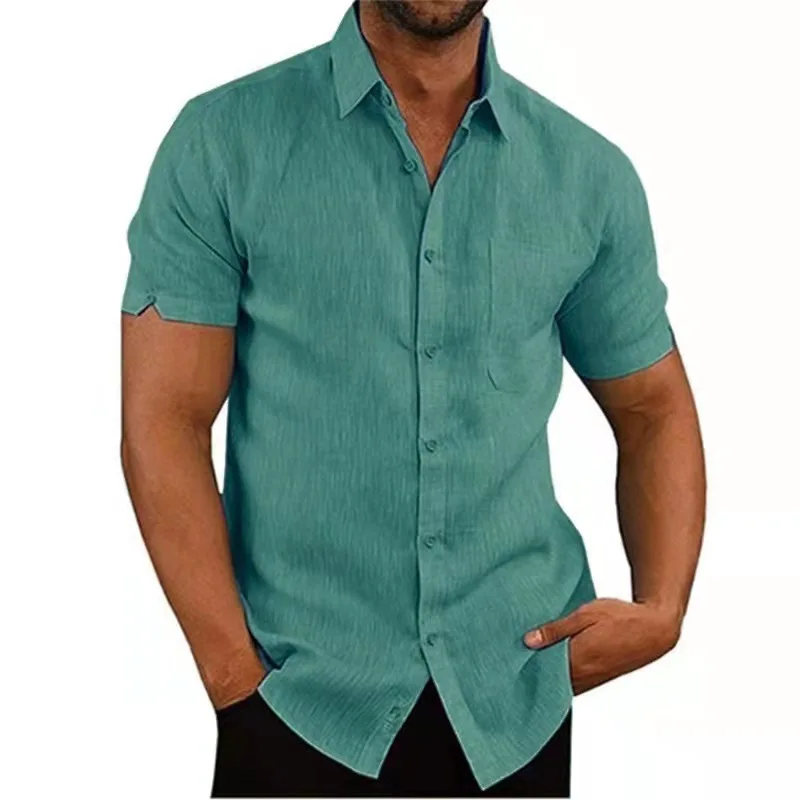 Hot Sale Summer Lapel Solid Color Short Sleeve Button Men's Linen Shirt