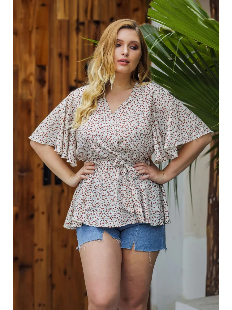 New Fashion Short Sleeve Small Fresh Shirt Women's Dot V-Neck Polka Dot Large Top plus size feminino  t-shirts