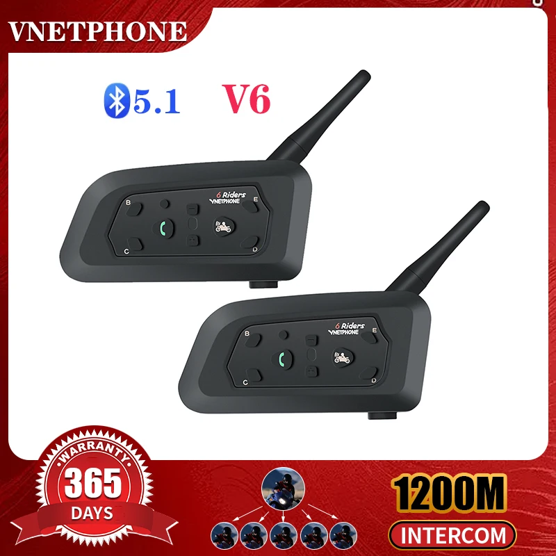 

Vnetphone V6 Motorcycle Intercom Headset 1200M Full Duplex Talking Helmet Interphone For 6 People GroupIP65 Waterproof MP3 GPS