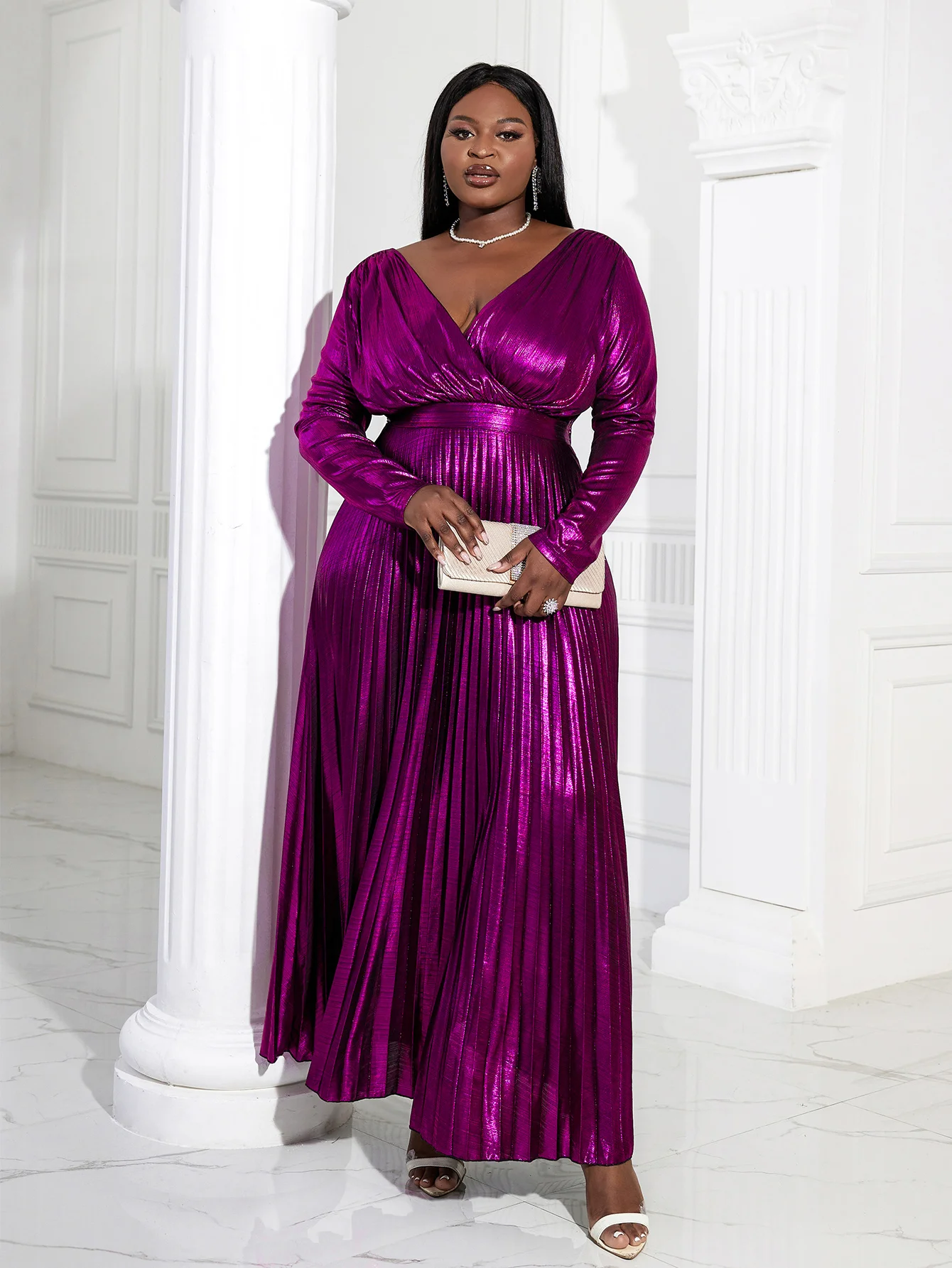 Plus Size Shiny Party Dress Purple Elegant Long Sleeve Evening Gold Pleated High Waist Long Sleeves Fit Flare Prom Robe 2023