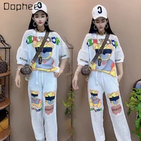 sports two piece set female summer new cartoon bear hollow out fashion round neck short sleeves t shirt loose casual pants suit