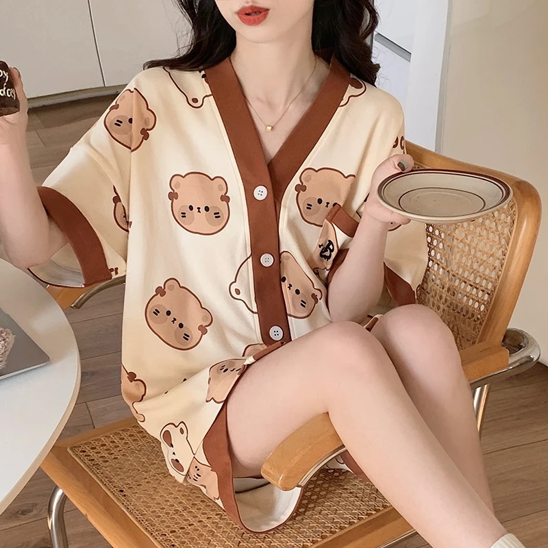 CAIYIER 2023 Summer Luxury Girls Pajamas Set Cardigan Casual Nightwear Cute Short Sleeve Shorts Ladies Korean Pijama Mujer M-2XL