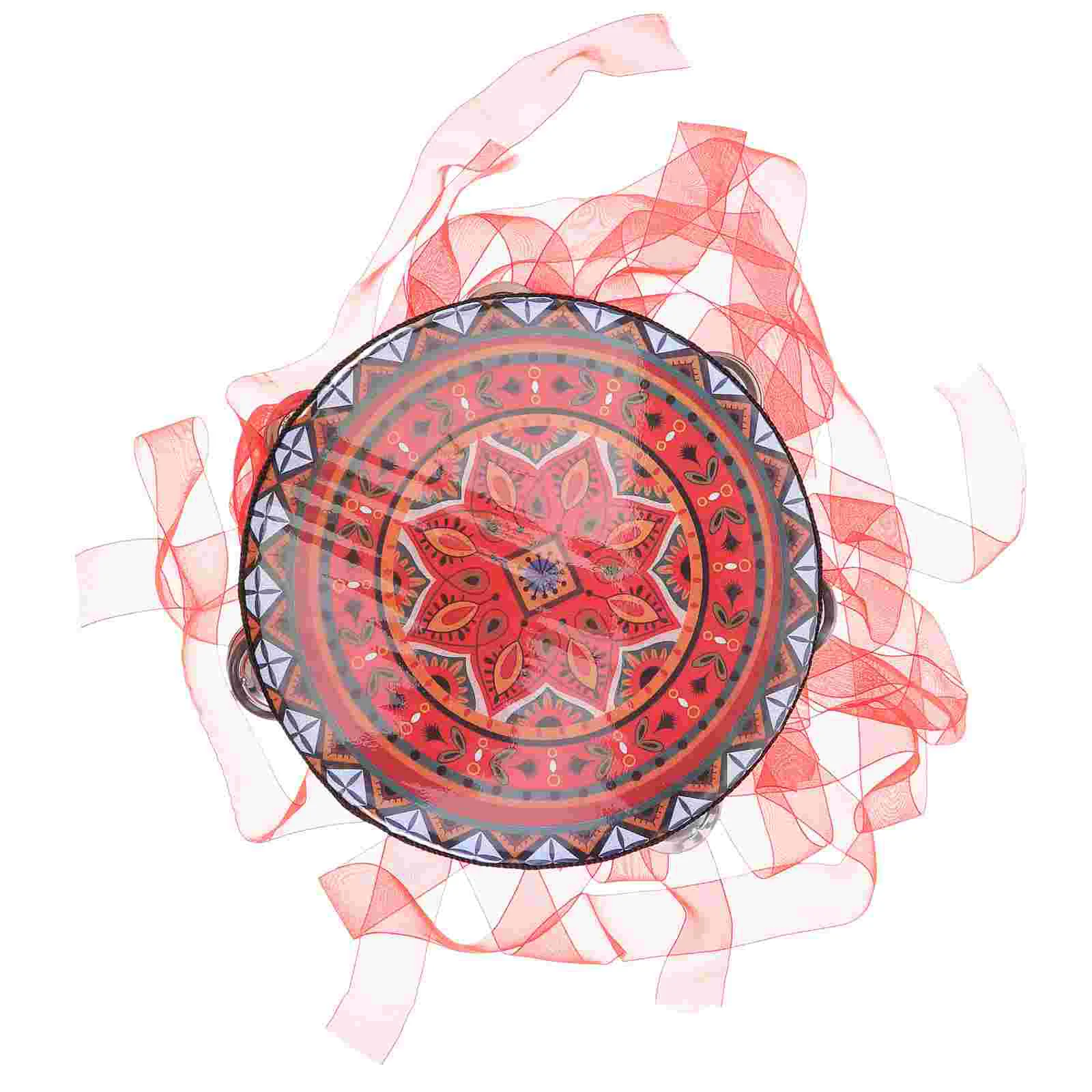 

Hanfu Hand Drum with Red Ribbon Handheld Tambourine Drum Vintage Hand Ribbon Drum