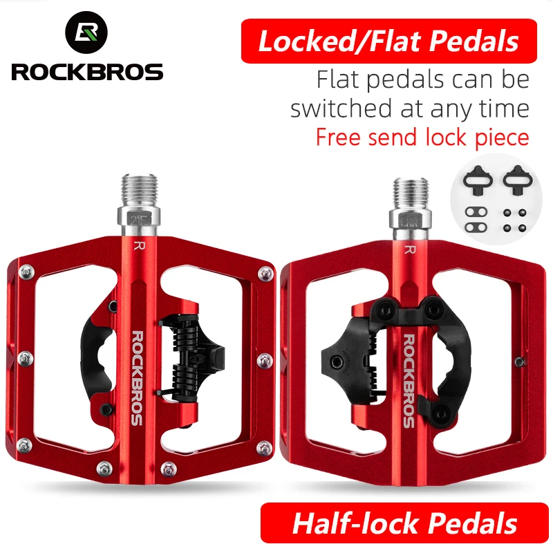 ROCKBROS Bicycle Pedal 2 In 1 Self Lock + Flat Bike Pedals Free Cleat SPD System MTB Road Aluminum Sealed Bearing Cycling Pedals