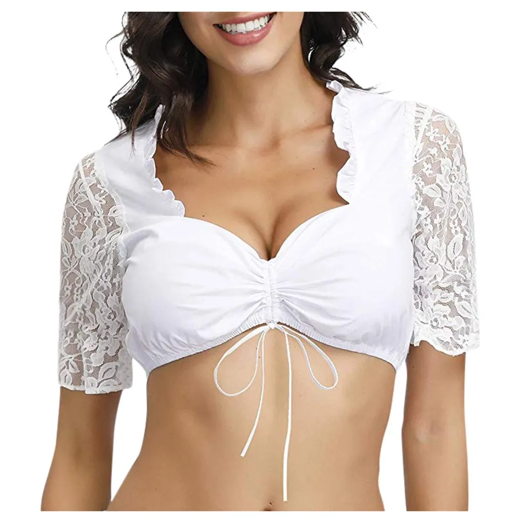 

Women'S Ultra Short Open Umbilical Tank Top, Lace Lace Short Sleeve Elegant Top, Shirt, Bra Top, Beer Festival Ropa Interior