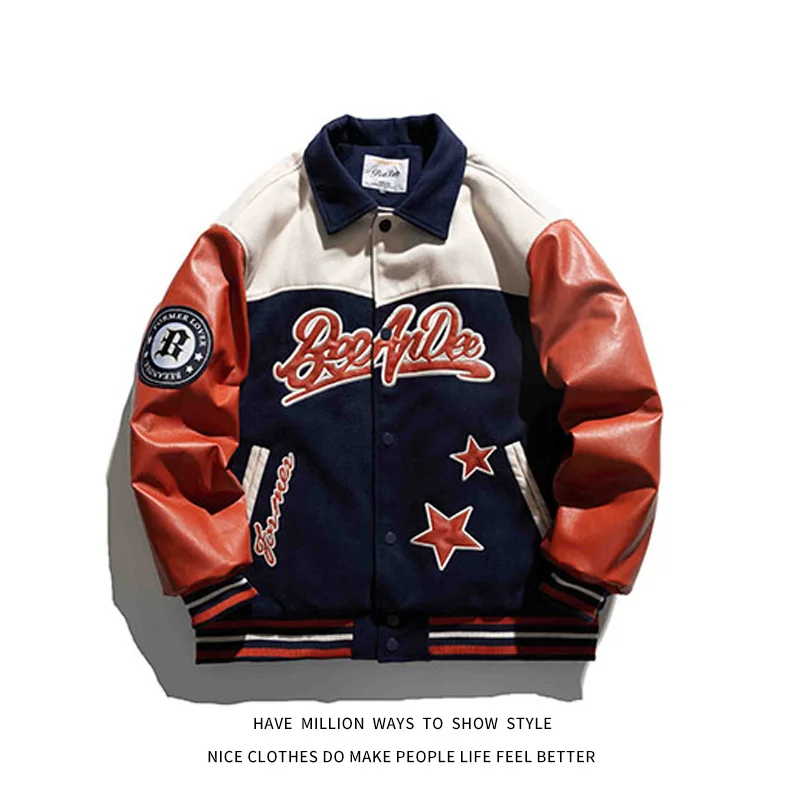 

New Winter Collection Thick Warm Star Letter Embroid Patchwork Women Baseball Bomber Jacket Unisex Men Varsity Coat Street Award