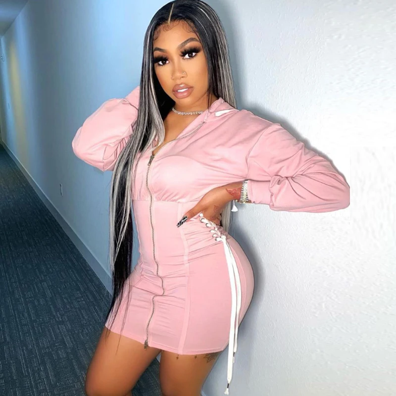 

Wishyear 2023 Casual Lace Up Long Sleeve Bodycon Mini Dress for Women Spring Fall Outfits Street Style Zip Up Hooded Dresses