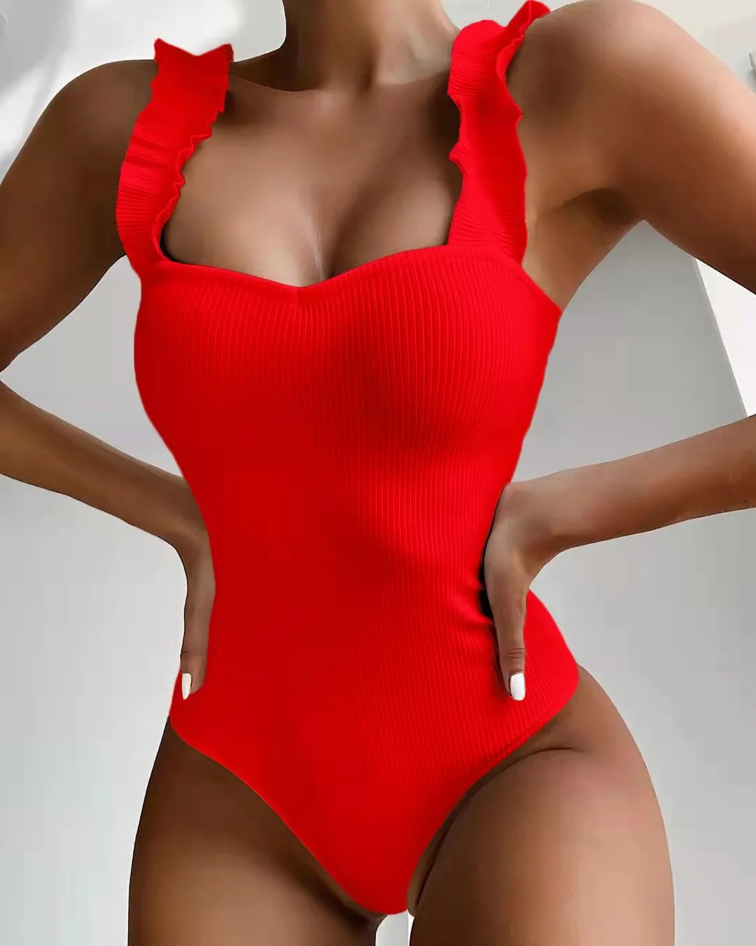Gossina 2022 New Sexy Female Swimsuit Vintage One Piece Ruffled Push Up Solid Red Swimwear Women Monokini Padded Bathing Suits