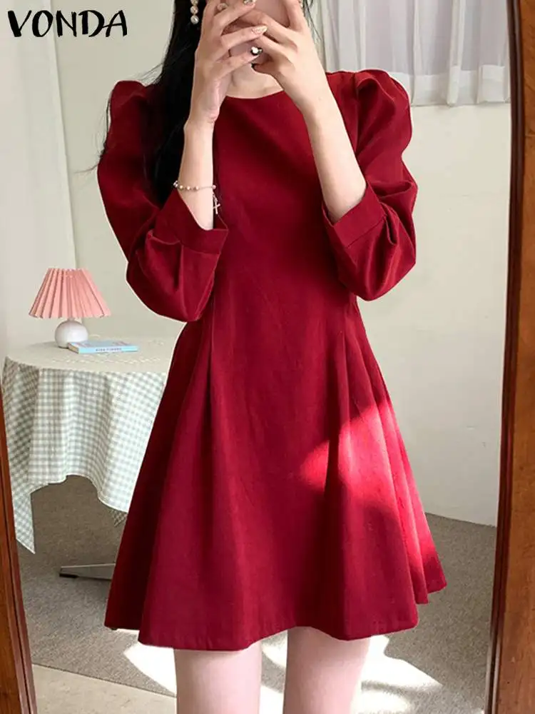 

VONDA Elegant Puff Sleeve Mini Dress 2022 Fashion Women Party Beach Vestidos Summer O Neck Robe Solid Pleated A-Line Dresses