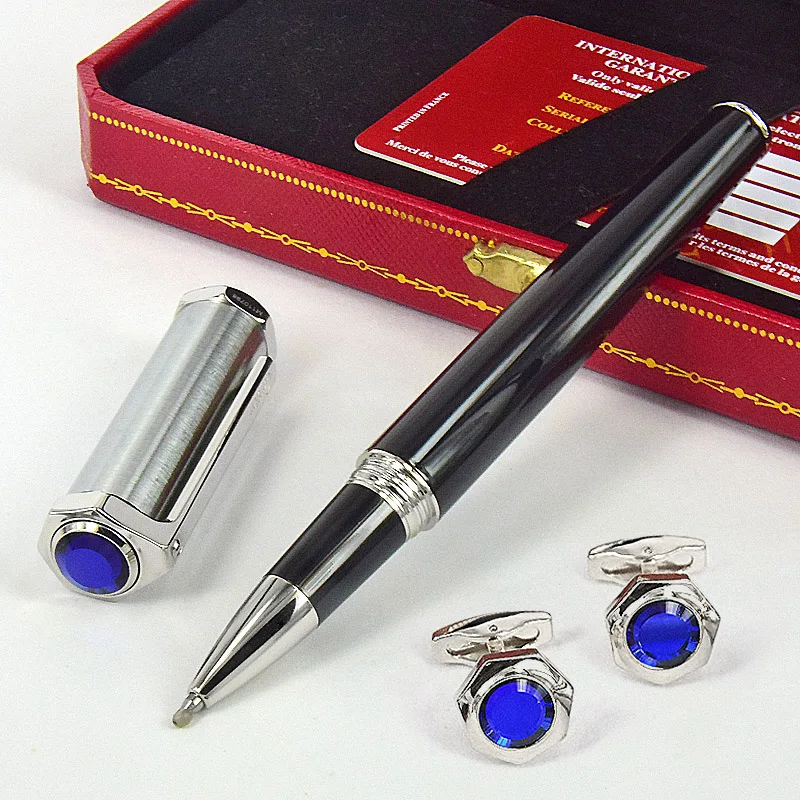 

MSS Santos-Dumont de CT Heptagon Blue Gem Silver Cap Black Barrel Luxury Roller Ball Pen With Serial Number Write Smooth