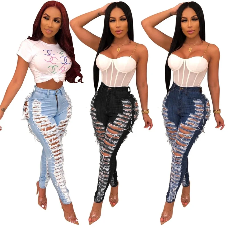 

Jeans Women Skinny Slim High Waist Stretchy Woman Pants Bodycon Streetwear Hole Washed Denim Pencil Trousers 2022 X309