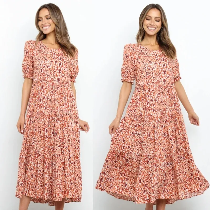 

2023 European and American fashion personality round neck waist temperament printed dress long