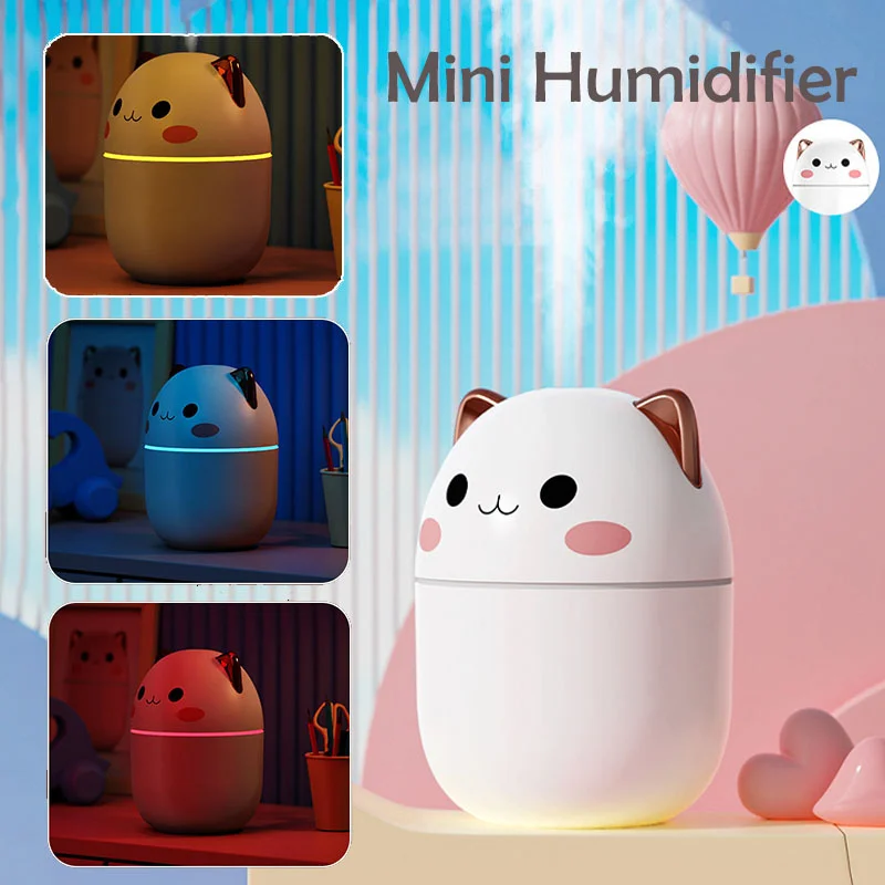 

250ml Air Humidifier Cute Kawaii Aroma Diffuser with Night Light Cool Mist for Bedroom Home Car Plants Purifier Humidificador