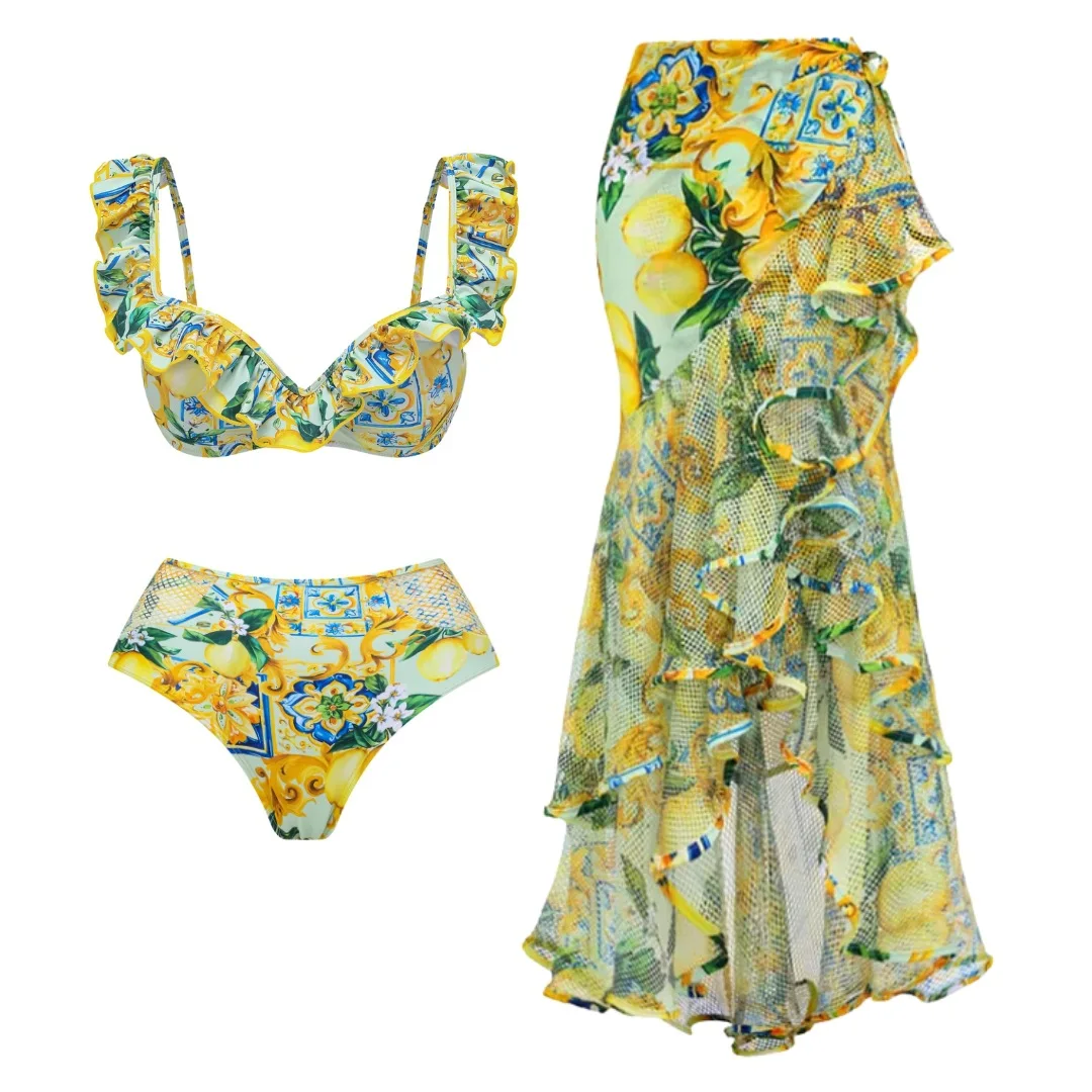 Женский Цельный купальник с эффектом пуш-ап и юбкой принтом лимона