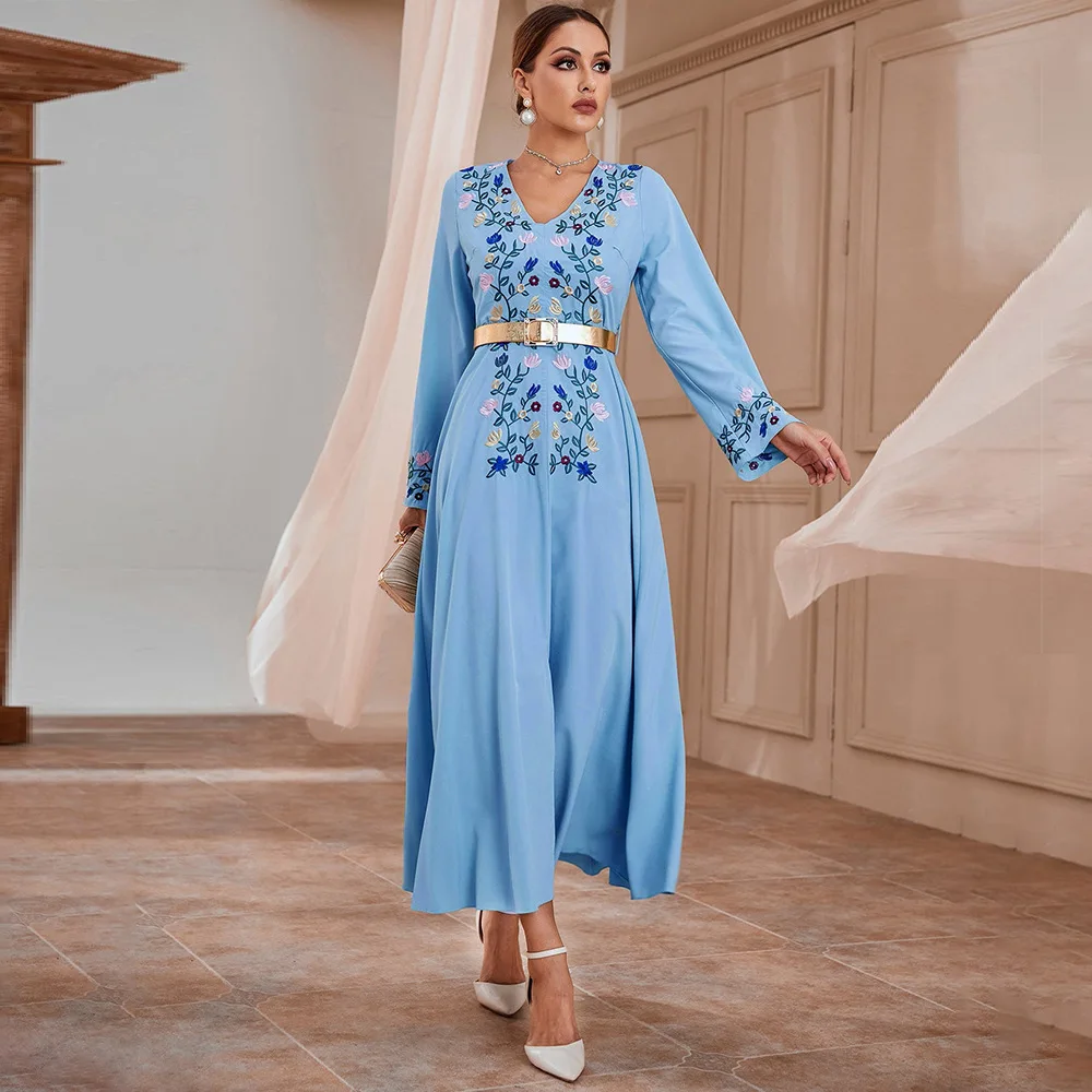 

Women Casual Elegant Maxi Dresses 2023 Spring Luxury Embroidery V-Neck Long Sleeve Belt Muslim Turkey Evening Party Robe Vestido