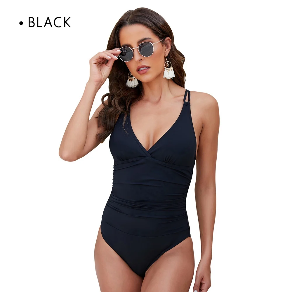 

V Neck Open Back One Piece Swimsuit Solid Color with Adjustable Shoulder Straps Open Back Solid Color