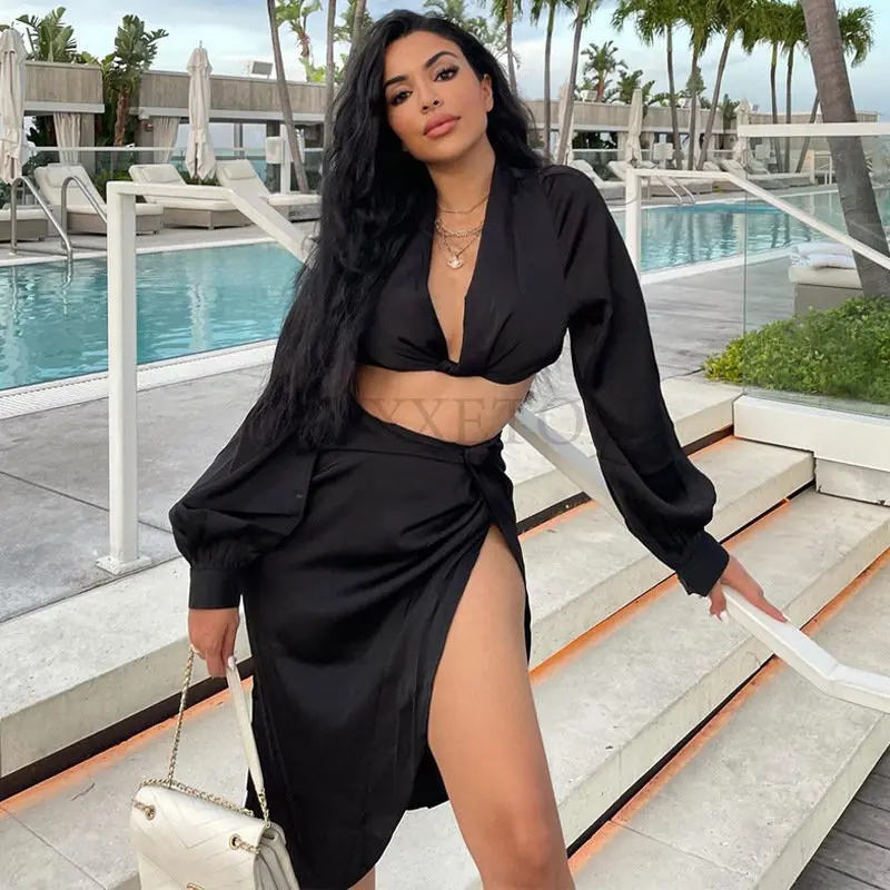 

Женский костюм из двух предметов, укороченный Топ с длинным рукавом и юбка-карандаш с разрезом, осенняя одежда оптом 2023