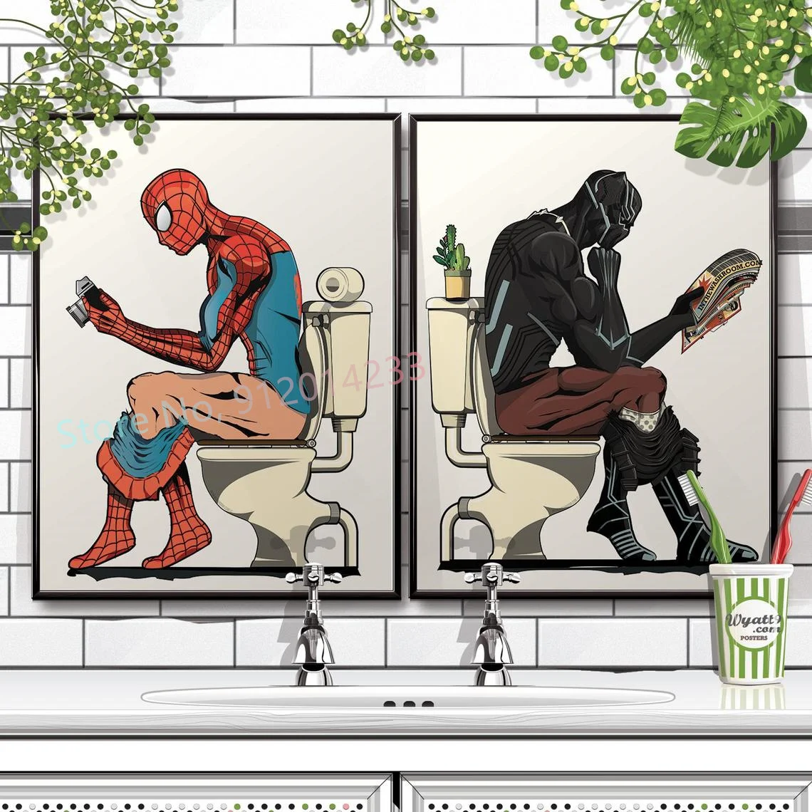 Funny Marvel Posters and Prints Disney Canvas Painting Spiderman Black Panther In The Bath Pictures for Bathroom Decor |
