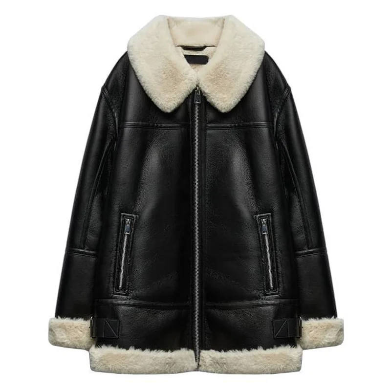 2023 New Vintage Imitation Leather Fur Coat Women Oversized Outwear Stitching All-match Warm Motorcycle Jacket Mujer Top