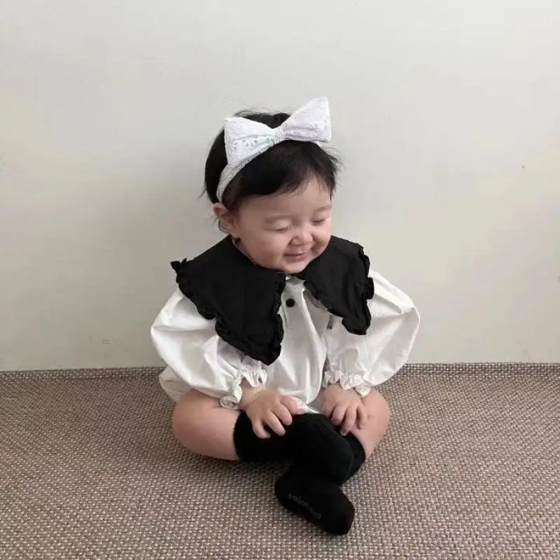 

2023 Summer New Baby Girl Large Lapel Bodysuit Solid Infant Long Sleeve Princess Jumpsuit Toddler Girl Party Photograph Clothes