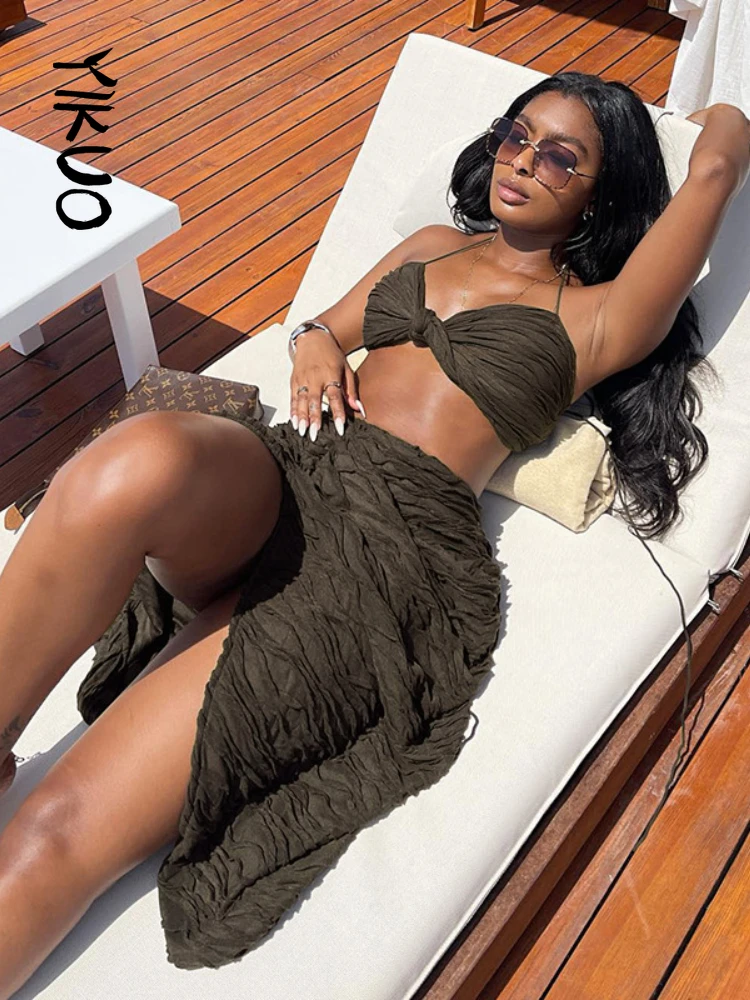 

YIKUO 2022 Beach Outfits Women Sleeveless Crop Top And Midi Bodycon Skirts Two Piece Set Sexy Black Party Club Summer