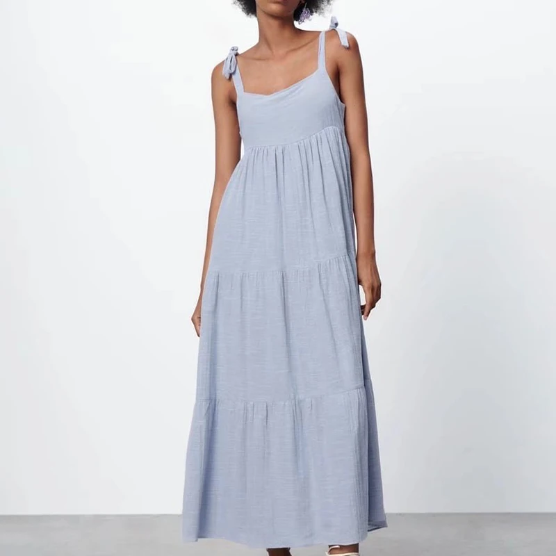 

2022 Summer Women Fashion Layered Panel Solid Color Slip Dress Casual Sleeveless Bow Lacing Female Long Dress HH6732
