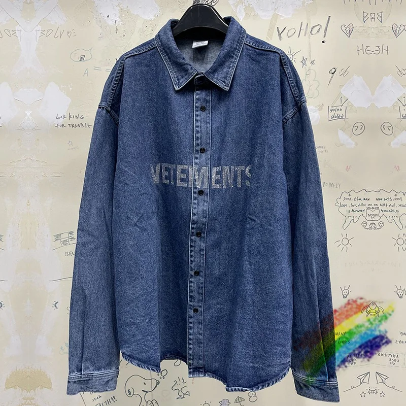 

Blue VETEMENTS Bling Jackets Men Women 1:1 High Quality Rhinestone Vetements Jacket Oversize VTM Coats Thick Fabric