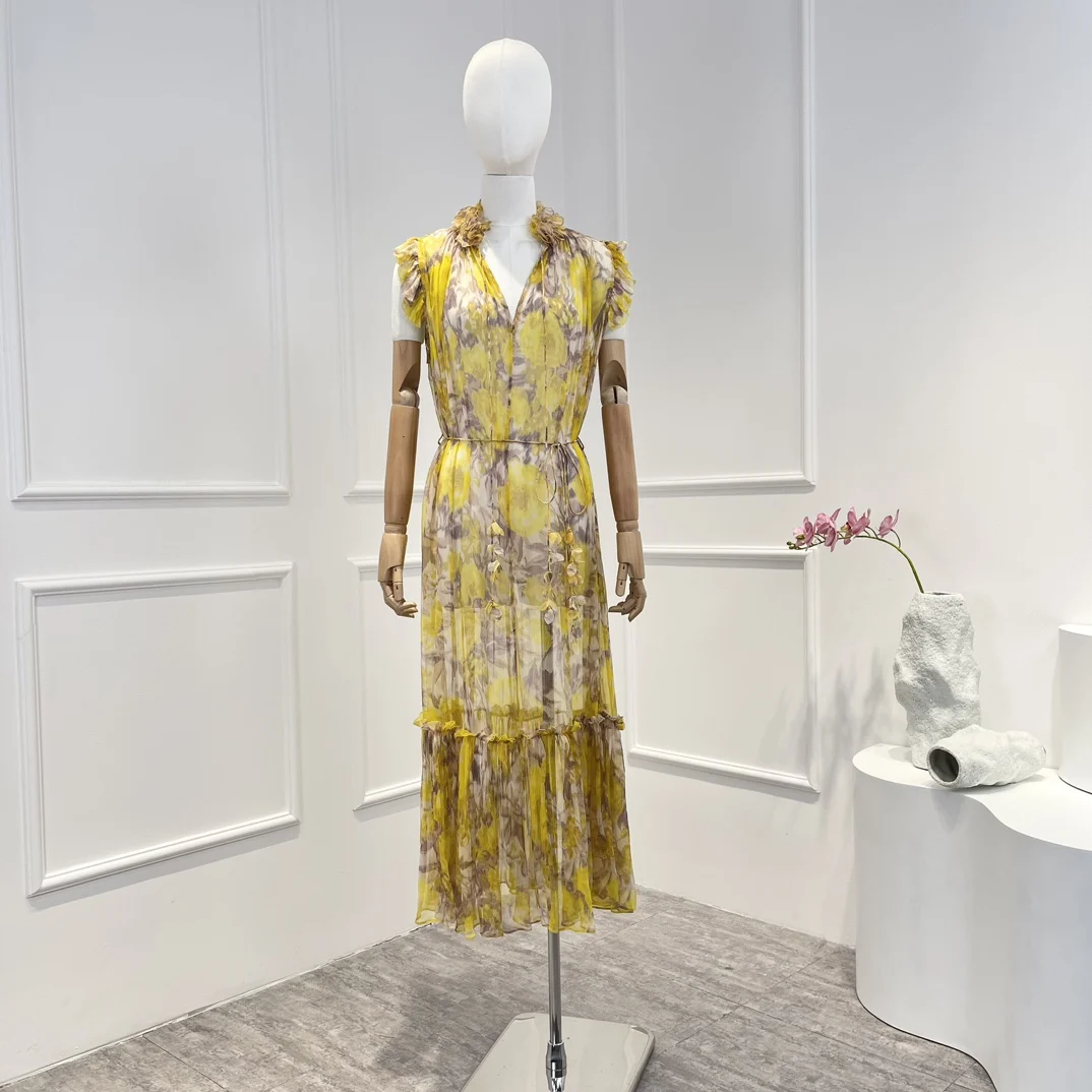 

Женское винтажное шелковое платье миди без рукавов, элегантное желтое платье с цветочным принтом, аппликацией и оборками, весна 2023